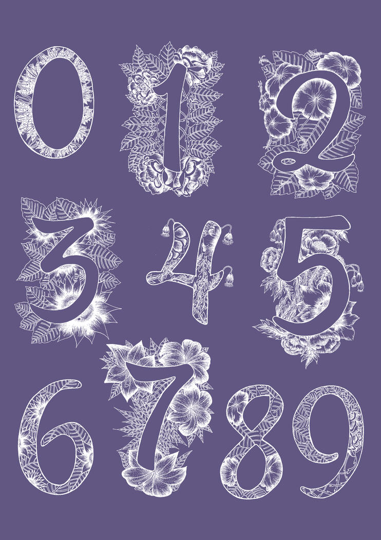 Floral number illumination series, 2016, 14.85w x 21h cm / illustration, ink-pen on paper (Image: scanned, inverted, background removed)