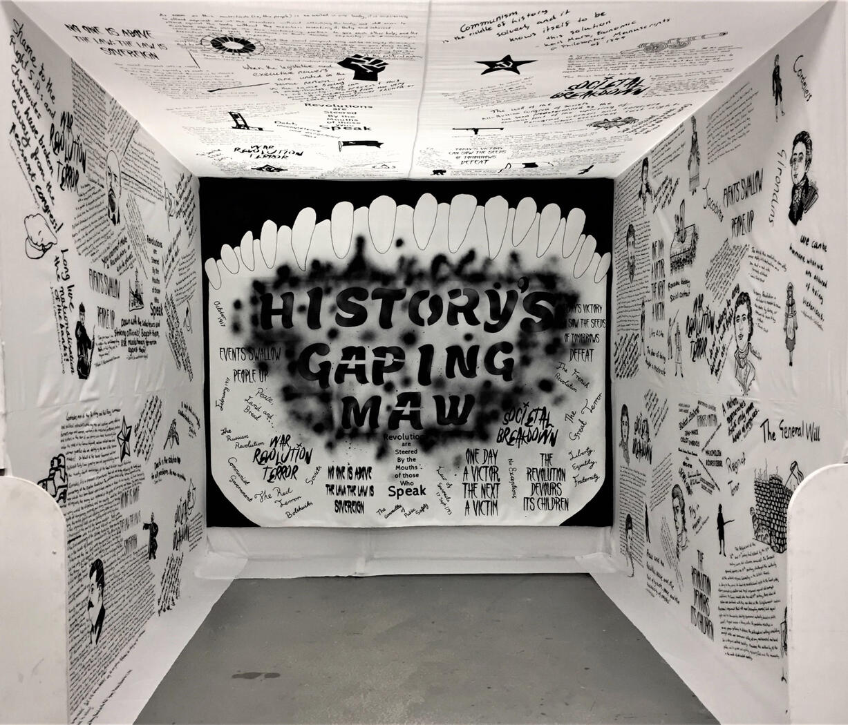 History's Gaping Maw, May 2020, 209 l x 200 w x 237 h cm space, cotton sheets, canvas, paint pens, black fabric ink, black water-based paint, spray-paint