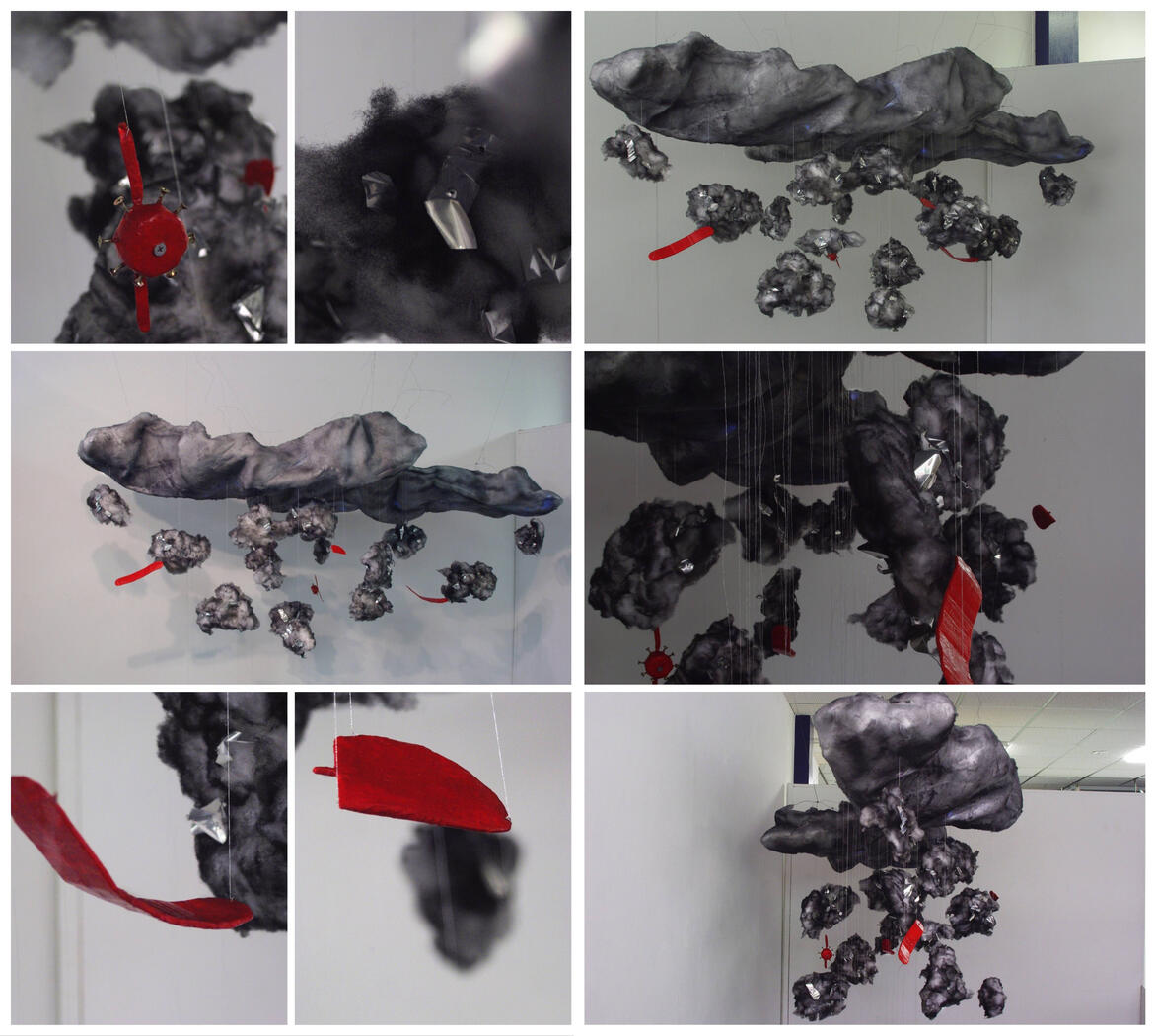 Fenton 1936, 29 October 2019, 240 l x 87 w x 195 h cm, old mattress protectors, thread, aluminium cans, rivets, LED fairy lights, garden wire, galvanised mesh, cushion stuffing, cardboard, newspaper, acrylic paint, nails and spray paint.