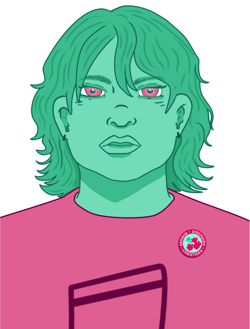 'Avery (DEC Mascot)', December 2025, Digital illustration: Avery is DEC's slightly smug, slightly angsty musician (violinist + drummer) and composer!