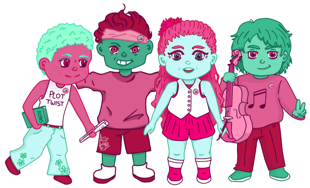 'DEC Mascots', DEC 2025 Update (og: FEB 2024), Digital illustration: Robin; enthusiastic writer/theatre kid; Wren; bubbly multi-disciplinary visual artist; Avery; super smug musician/composer; Raven; energetic and dedicated dancer/street artist.