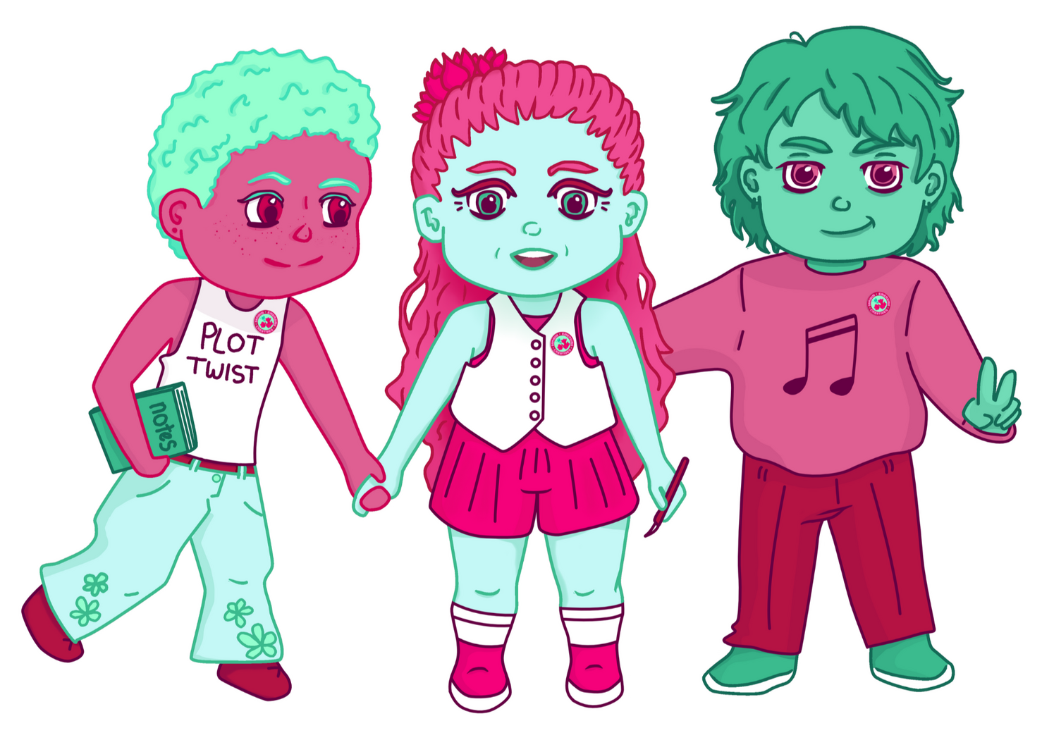 &#39;DEC Mascots&#39;, FEB 2024, Digital illustration: Robin; enthusiastic writer and theatre kid; Wren; bubbly multi-disciplinary visual artist; Avery; super smug musician and composer.